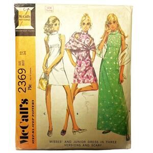 McCall's 2369 Vintage Sewing Pattern Dress in 3 Versions W/Scarf Size 12 Uncut
